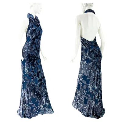 Pre-owned Bob Mackie Nwt  Boutique Devore Semi-sheer Blue Velvet Bias Cut Long Dress Us 10