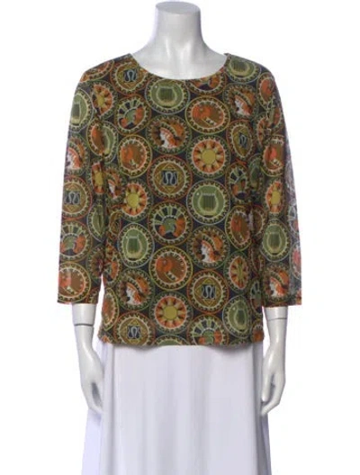 Pre-owned Bob Mackie Paisley Print Scoop Neck Blouse In Green