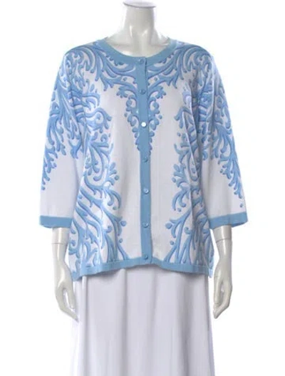 Pre-owned Bob Mackie Patterned Crew Neck Button-up Top In Blue