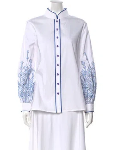 Pre-owned Bob Mackie Printed Long Sleeve Button-up Top In White