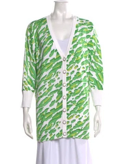 Pre-owned Bob Mackie Printed V-neck Sweater In Green
