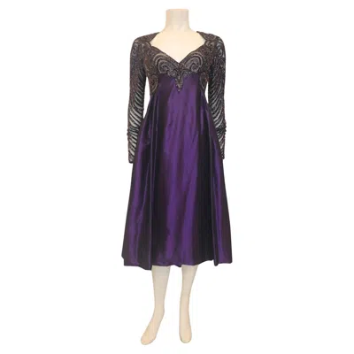 Pre-owned Bob Mackie Purple Open Back Tea Length Gown With Beaded Bodice And Sleeves