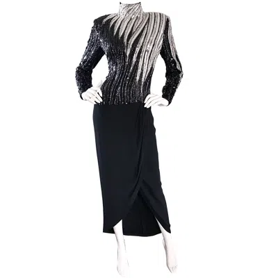 Pre-owned Bob Mackie Sensational Vintage  Black And Silver 80s Heavily Beaded Dramatic Gown