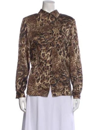 Pre-owned Bob Mackie Silk Animal Print Blouse In Brown