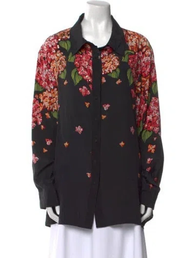 Pre-owned Bob Mackie Silk Floral Print Button-up Top In Black