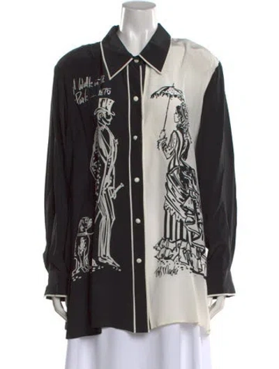 Pre-owned Bob Mackie Silk Graphic Print Blouse In Black