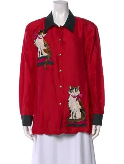 Pre-owned Bob Mackie Silk Graphic Print Blouse In Red