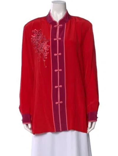 Pre-owned Bob Mackie Silk Graphic Print Blouse In Red