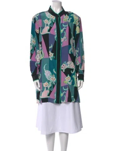 Pre-owned Bob Mackie Silk Graphic Print Tunic In Green