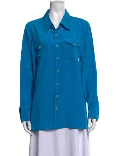 Pre-owned Bob Mackie Silk Long Sleeve Button-up Top In Blue