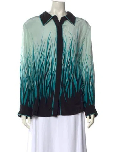 Pre-owned Bob Mackie Silk Printed Button-up Top In Green