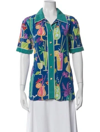 Pre-owned Bob Mackie Silk Printed Top In Blue