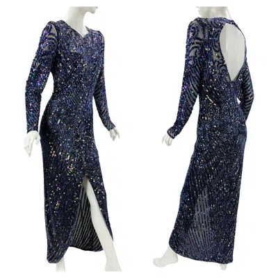 Pre-owned Bob Mackie Vintage 80's  Navy Blue Fully Embellished Long Dress Gown Size 10