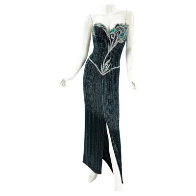 Pre-owned Bob Mackie Vintage 80s  Boutique Green Blue Fully Beaded Silk Evening Dress Gown