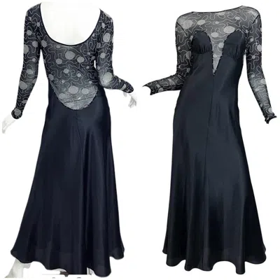 Pre-owned Bob Mackie Vintage  1980s Plunge Low Back 80s Long Sleeve Evening Nightgown Dress In Black