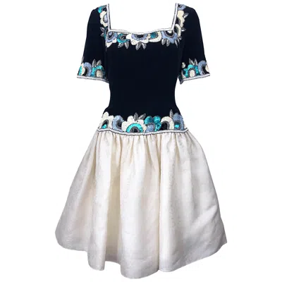 Pre-owned Bob Mackie Vintage  1990s Size 6 Black, White And Blue Silk Fit N' Flare Dress