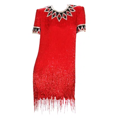 Pre-owned Bob Mackie Vintage  80-s Red Fully Beaded Fringe Cocktail Dress Us 4 And 8