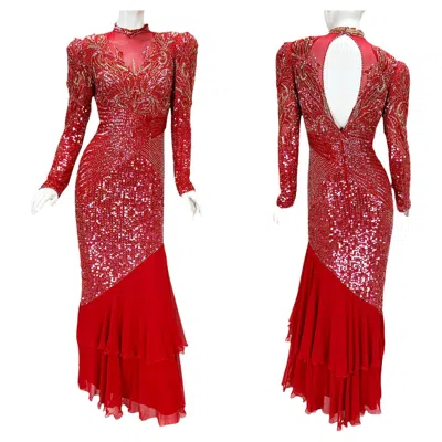 Pre-owned Bob Mackie Vintage  Fully Embellished Red Maxi Dress Gown Small