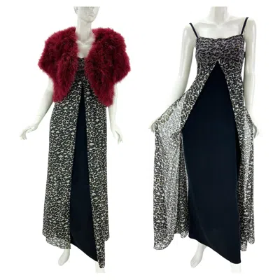 Pre-owned Bob Mackie Vintage  Leopard Print Fully Beaded Dress With Feather Bolero Size S In Black