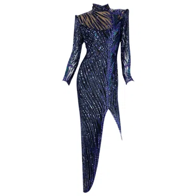 Pre-owned Bob Mackie Vintage  Navy Blue Fully Embellished Iris Flower Long Dress Us 6, 8
