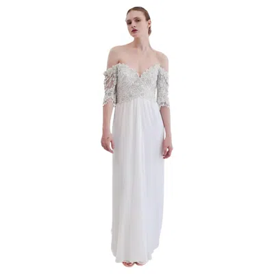 Pre-owned Bob Mackie Vintage  S/s 1997 White Gown With White Beaded Bodice