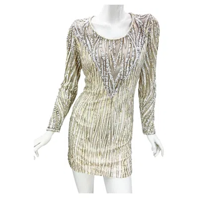 Pre-owned Bob Mackie Vintage Pearl & Sequin Embellished White & Yellow Mini Evening Dress