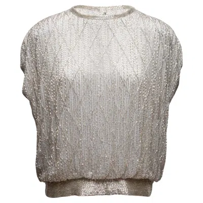 Pre-owned Bob Mackie Vintage Silver  Beaded Cap Sleeve Top Size Us M