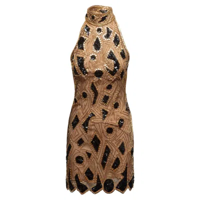 Pre-owned Bob Mackie Vintage Tan & Multicolor  Silk Beaded Halter Mini Dress In Brown