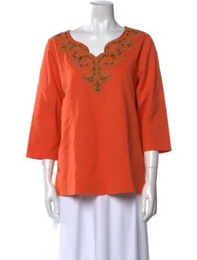 Pre-owned Bob Mackie V-neck Three-quarter Sleeve Blouse In Orange