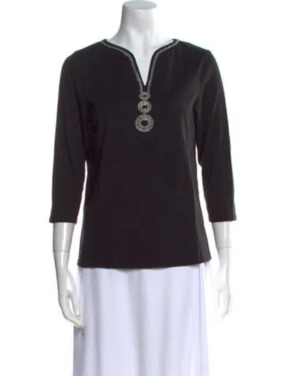 Pre-owned Bob Mackie V-neck Three-quarter Sleeve Top In Black