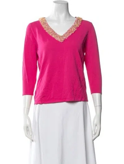 Pre-owned Bob Mackie V-neck Three-quarter Sleeve Top In Red