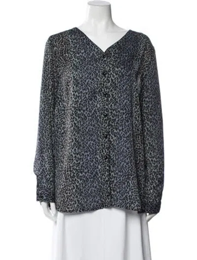 Pre-owned Bob Mackie Wearable Art Animal Print Long Sleeve Blouse In Blue