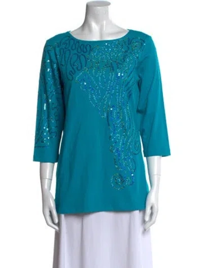 Pre-owned Bob Mackie Wearable Art Bateau Neckline Three-quarter Sleeve Tunic In Blue