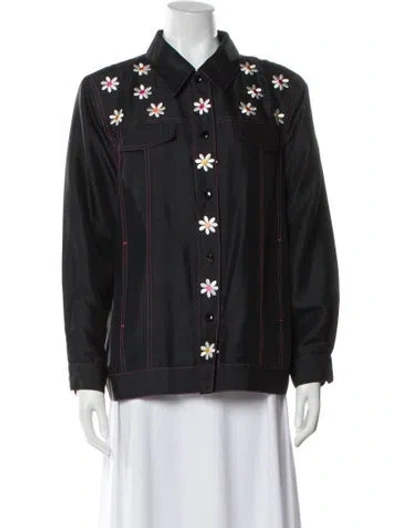 Pre-owned Bob Mackie Wearable Art Embroidered Long Sleeve Top In Black