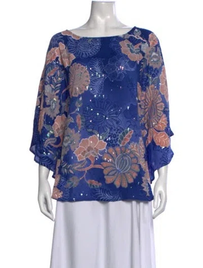 Pre-owned Bob Mackie Wearable Art Floral Print Bateau Neckline Blouse In Blue