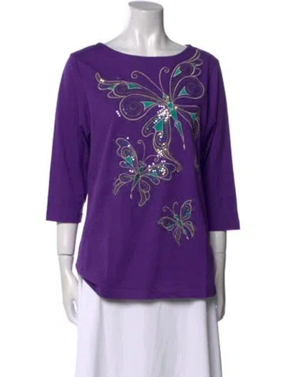Pre-owned Bob Mackie Wearable Art Floral Print Bateau Neckline Blouse In Purple