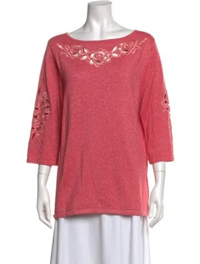 Pre-owned Bob Mackie Wearable Art Floral Print Bateau Neckline Sweater In Pink
