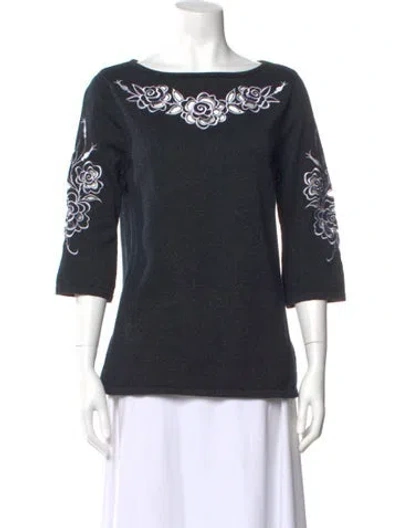 Pre-owned Bob Mackie Wearable Art Floral Print Bateau Neckline Top In Black