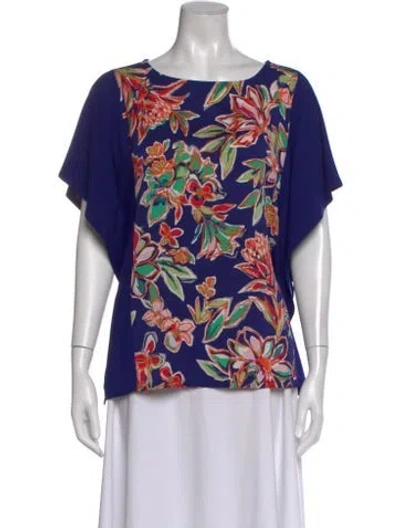 Pre-owned Bob Mackie Wearable Art Floral Print Crew Neck Blouse In Blue