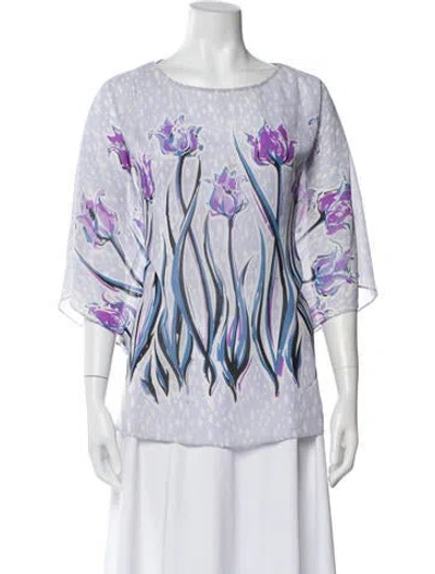 Pre-owned Bob Mackie Wearable Art Floral Print Crew Neck Blouse In Purple
