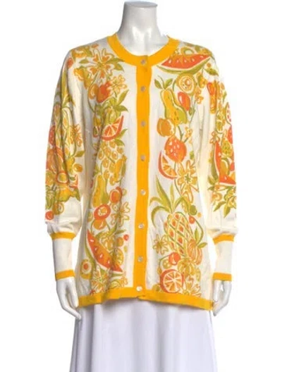Pre-owned Bob Mackie Wearable Art Floral Print Crew Neck Button-up Top In Yellow