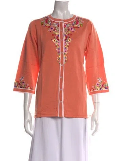 Pre-owned Bob Mackie Wearable Art Floral Print Crew Neck Sweater W/ Tags In Orange
