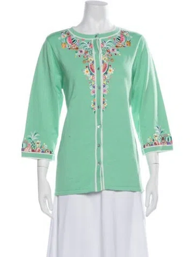 Pre-owned Bob Mackie Wearable Art Floral Print Crew Neck Top In Green