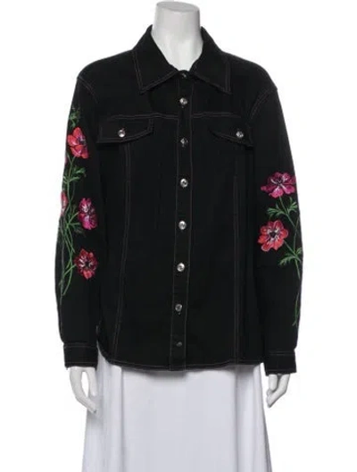 Pre-owned Bob Mackie Wearable Art Floral Print Denim Jacket In Black