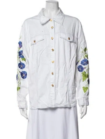 Pre-owned Bob Mackie Wearable Art Floral Print Denim Jacket In White