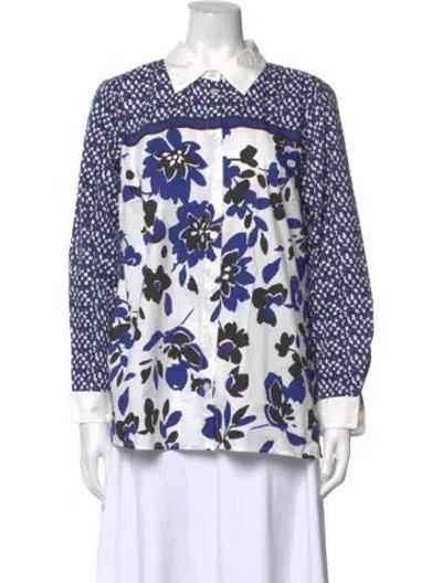 Pre-owned Bob Mackie Wearable Art Floral Print Long Sleeve Blouse In Blue