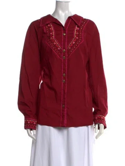 Pre-owned Bob Mackie Wearable Art Floral Print Long Sleeve Button-up Top In Red
