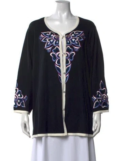 Pre-owned Bob Mackie Wearable Art Floral Print Open Front Sweater In Black