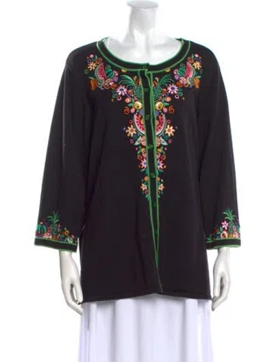 Pre-owned Bob Mackie Wearable Art Floral Print Scoop Neck Sweater In Black