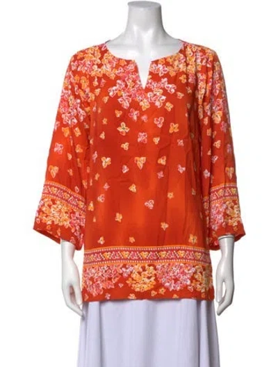 Pre-owned Bob Mackie Wearable Art Floral Print V-neck Top W/ Tags In Orange